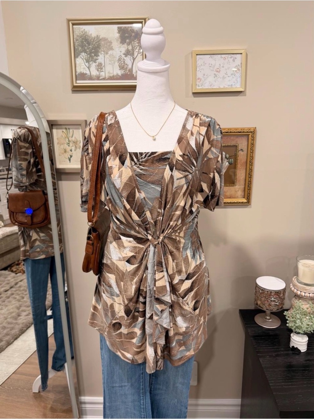 Savelli Collection Abstract Leaf Print Knot Front Blouse